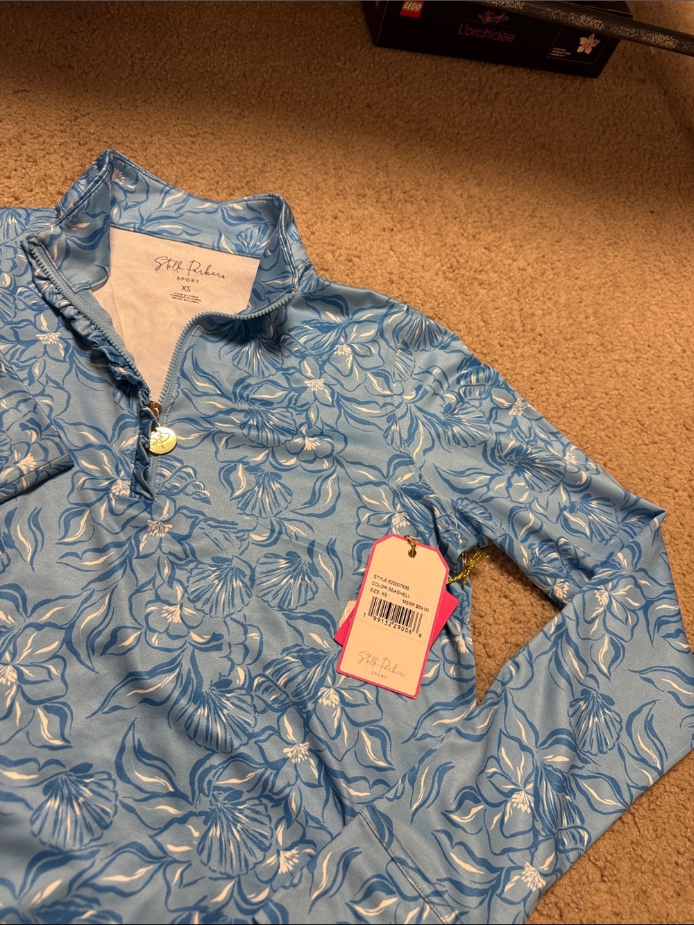 Stella Parker Women's Light Blue Floral Quarter-Zip Long Sleeve Top